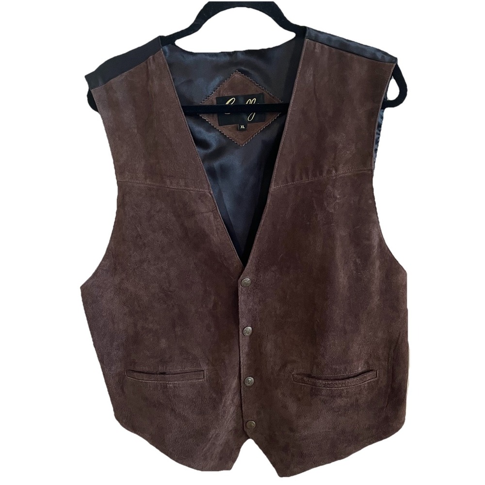 Brown Suede Leather Vest Men's XL Western Snap Buttons Satin Back Scully Lining